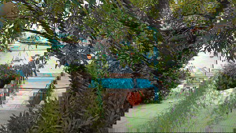 Visão do deck da piscina. bastante arborizado