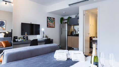 Apartamento moderno con aire acondicionado y gimnasio abierto las 24 horas en el centro de São Paulo.