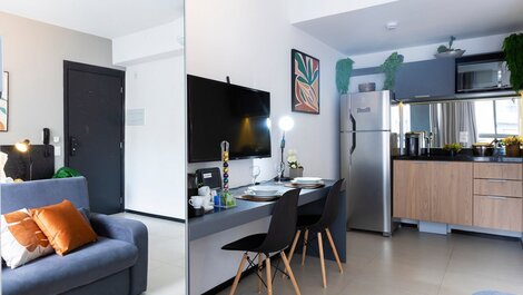 Apartamento moderno con aire acondicionado y gimnasio abierto las 24 horas en el centro de São Paulo.