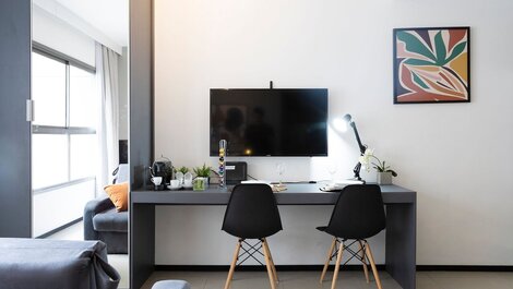 Apartamento moderno con aire acondicionado y gimnasio abierto las 24 horas en el centro de São Paulo.